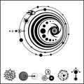 Mystical drawing: Mysterious crop circle UFO, Stylized galaxy, set of cosmic symbols.