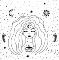 Mystical drawing occultism-a beautiful girl with stars in her hair. Female portrait or night goddess. Fantasy