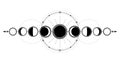 Mystical drawing: phases of the moon, energy circles. Sacred geometry.