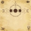 Mystical drawing: phases of the moon, energy circles. Sacred geometry. Royalty Free Stock Photo