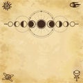 Mystical drawing: phases of the moon, energy circles. Sacred geometry. Royalty Free Stock Photo