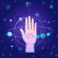 Mystical drawing: stylized Solar system, moon phases, orbits of planets, energy circle.Mystical drawing: human hand holds the univ Royalty Free Stock Photo