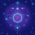 Mystical drawing: stylized Solar system, moon phases, orbits of planets, energy circle. Royalty Free Stock Photo