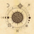 Mystical drawing: stylized Solar System, orbits of planets, Phases of the moon. Royalty Free Stock Photo