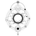 Mystical drawing: stylized Solar System, orbits of planets, space symbols.
