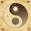 Mystical drawing: Stylized sun and moon, day and night, cosmic dualism. Zen symbol.