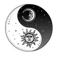 Mystical drawing: Stylized sun and moon with human face, day and night. Zen symbol. Royalty Free Stock Photo