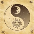 Mystical drawing: Stylized sun and moon with human face, day and night. Royalty Free Stock Photo