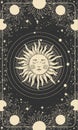 Mystical drawing of the sun with a face, tarot cards, boho illustration, magic card. Golden sun with closed eyes on a