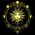 Mystical drawing: the sun with a human face, sacred geometry, phases of the moon. Royalty Free Stock Photo