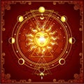 Mystical drawing: the sun with a human face, sacred geometry, phases of the moon. Royalty Free Stock Photo