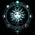 Mystical drawing: the sun with a human face, sacred geometry, phases of the moon. Royalty Free Stock Photo