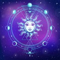 Mystical drawing: the sun with a human face, sacred geometry, phases of the moon. Royalty Free Stock Photo