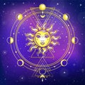 Mystical drawing: the sun with a human face, sacred geometry, phases of the moon.