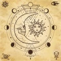 Mystical drawing: sun and moon with human faces, circle of a phase of the moon.