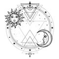 Mystical drawing: sun and moon with human faces, a star circle. Royalty Free Stock Photo