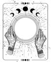 Mystical drawing tarot with copy space, magic ball for text. Female hands hold an empty round frame, sketch. Mystical