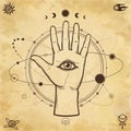 Mystical drawing: tattoo human hand holds the universe. Royalty Free Stock Photo