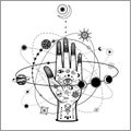 Mystical drawing: tattoo human hand holds the universe. Royalty Free Stock Photo