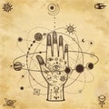 Mystical drawing: tattoo human hand holds the universe. Royalty Free Stock Photo