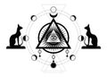 Mystical drawing: the third eye, all-seeing eye, circle of a moon phase. Sacred geometry and Egyptian cats Bastet ancient Egypt Royalty Free Stock Photo