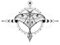 Mystical drawing: tropical butterfly, sacred geometry, moon phases, energy circles. Royalty Free Stock Photo