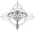 Mystical drawing: tropical butterfly, sacred geometry, moon phases, energy circles. Royalty Free Stock Photo