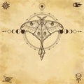 Mystical drawing: tropical butterfly, sacred geometry, moon phases, energy circles. Royalty Free Stock Photo