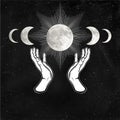 Mystical drawing: woman `s hands hold the moon.