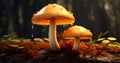 Mystical Duo: Stunning Close-Up of Orange Mushrooms in Forest Majesty