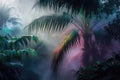 Mystical early morning in the tropics palm trees in the fog after rain, glow color light background illustration