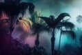 Mystical early morning in the tropics palm trees in the fog after rain, glow color light background illustration Generative AI