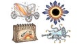 Mystical elements include a celestial chariot, sun eclipse, ancient runes, and an octopus trumpet. Royalty Free Stock Photo
