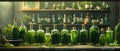 Mystical Elixirs: A Collection of Green Potion Bottles. Concept Magic Potions, Witchy Decor, Potion