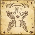 Mystical emblem human winged hand. Symbol of an angel.