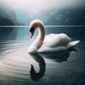 Beautiful swan glides across misty lake