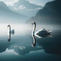 Beautiful swan glides across misty lake