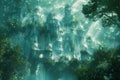 Mystical Enchanted Forest with Ethereal Light Rays and Magical Waterfalls Royalty Free Stock Photo