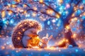 A mystical encounter during Easter as a hedgehog and a bunny exchange a glowing egg under a shimmering, decorated tree Royalty Free Stock Photo