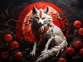 Mystical Encounter Nine-Tailed Fox Donning a Kitsune Mask Amidst the Waning Red Moon\'s Glow