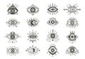 Mystical eyes symbols set. Esoteric signs with sacred vision circle and arrows occult look amulets with geometric