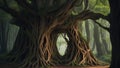 A mystical fairy tale forest with ancient, towering trees, their roots forming whimsical shapes