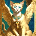 A mystical fantastic winged sphinx cat in luxurious precious jewelry
