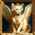 A mystical fantastic winged sphinx cat in luxurious precious jewelry