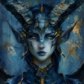 Mystical fantasy creature with horns and blue skin