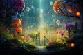 Mystical fantasy landscape. Fantasy forest with trees and lanterns, Biological and science background, AI Generated Royalty Free Stock Photo