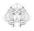 Mystical female portrait icon, face of a beautiful young woman, linear hand drawing, zodiac sign Virgo. Vector