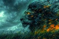 Mystical Fire Lion in Stormy Landscape Fantasy Beast in Dramatic Sky with Lightning Elements and Fiery Tale Royalty Free Stock Photo