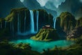 Mystical floating islands with cascading waterfalls