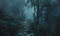 Mystical foggy forest. Foggy path in the woods Royalty Free Stock Photo